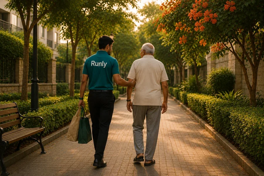Runly professional walking with an elderly resident