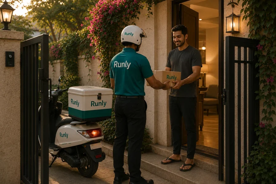 Runly professional handling a parcel at a community gate