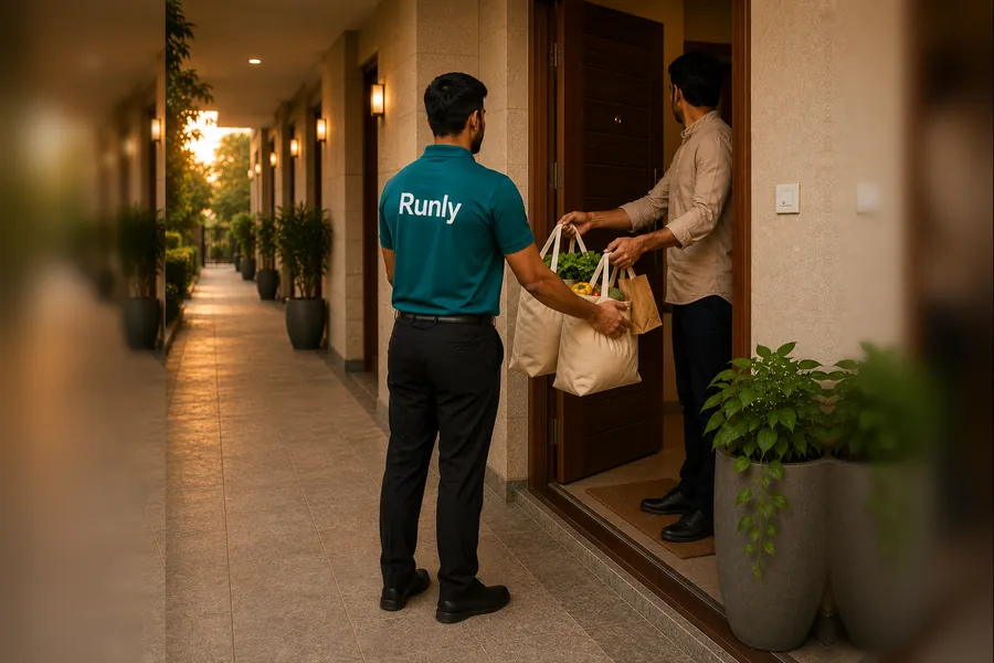 Runly professional carrying groceries and medicines to a resident’s door