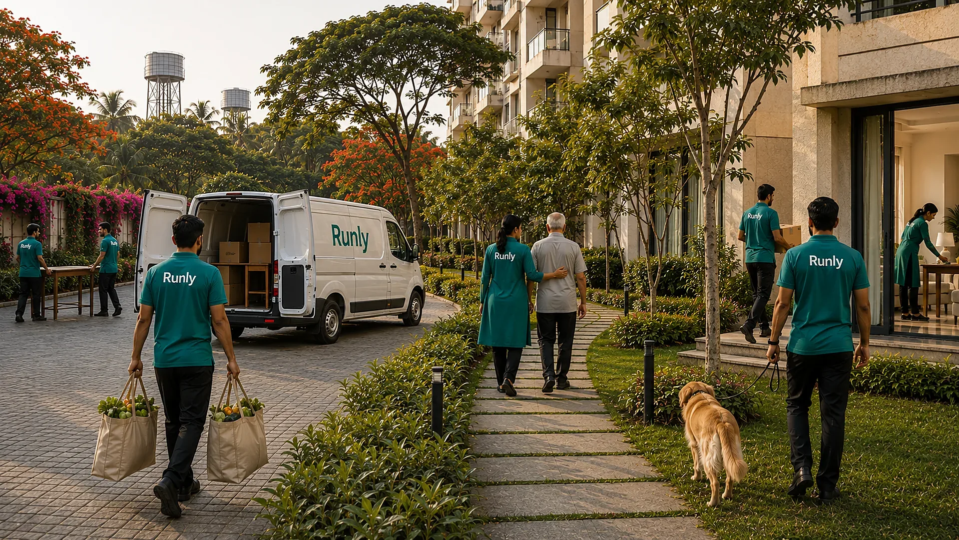 Runly professionals working across a gated community in Bengaluru — carrying groceries, helping a resident into a car, accompanying an elderly resident, delivering a parcel, moving furniture, walking a dog and cleaning a home