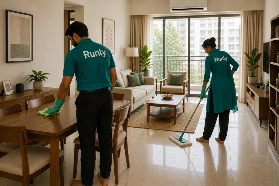 Runly professional cleaning a modern Indian apartment in teal uniform