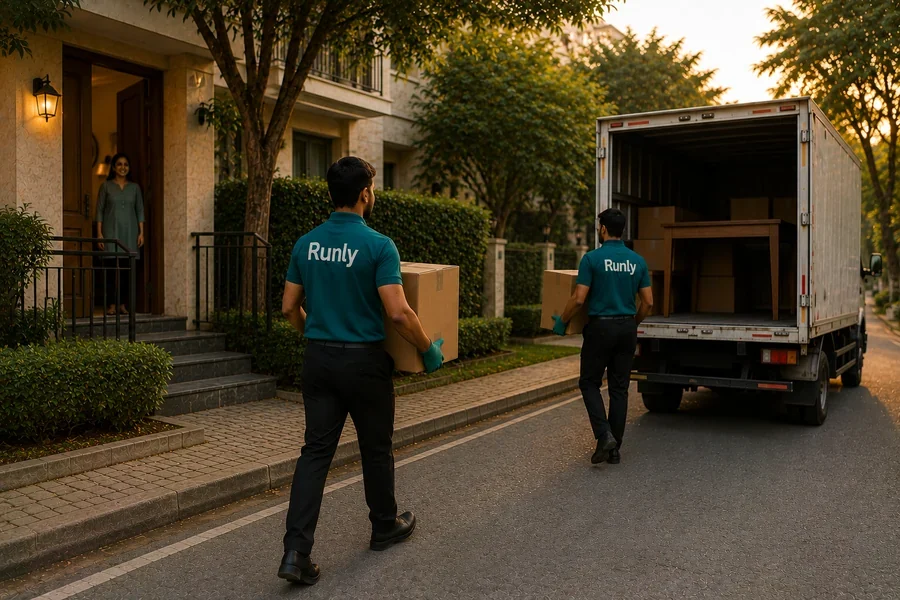 Two Runly professionals moving a household item for a resident