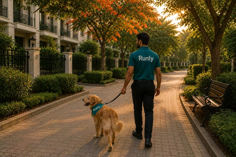 A Runly professional walking a resident’s dog inside the community